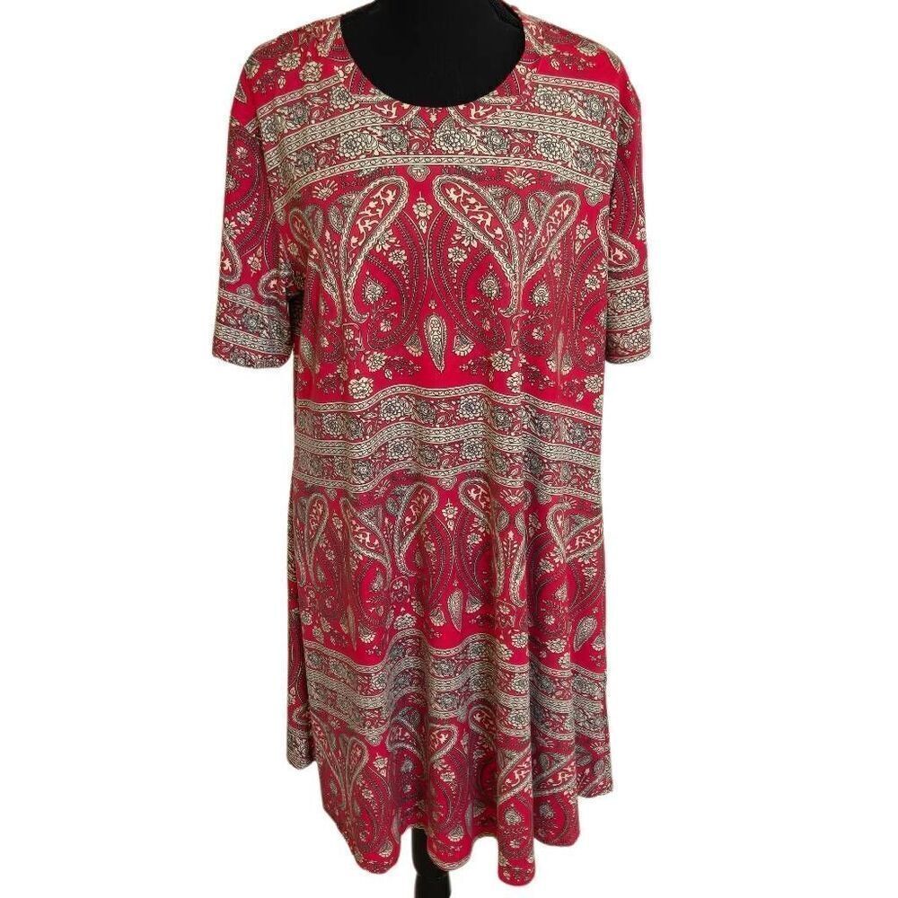 Amazon Womens Red Paisley Short Sleeve Loose Fitting Casual Dress Plus Size 2X - Picture 1 of 8